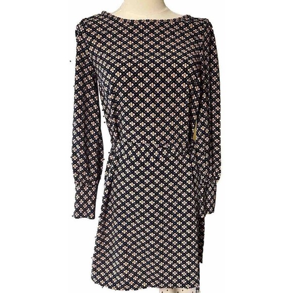 Loft Petites Mosaic Shift Dress LS Tie Belt XXSP Black Pink Yellow  Office - Picture 1 of 15